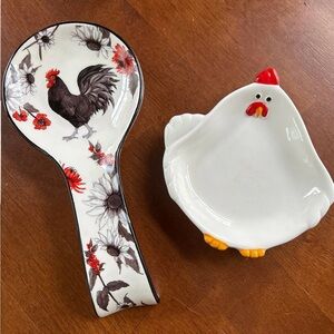 Chicken and Rooster Spoon Rest Set - White and Black